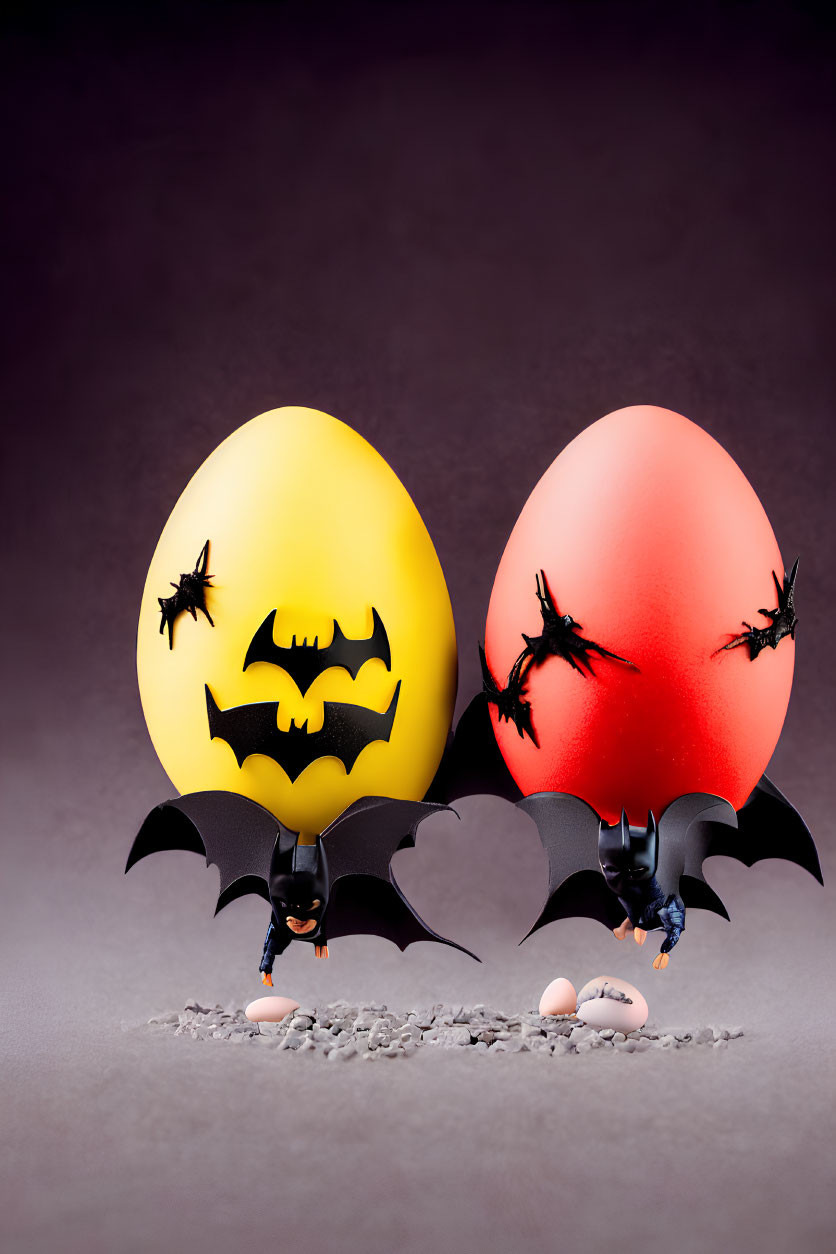 Yellow and red Easter eggs with bat silhouettes on rocky surface