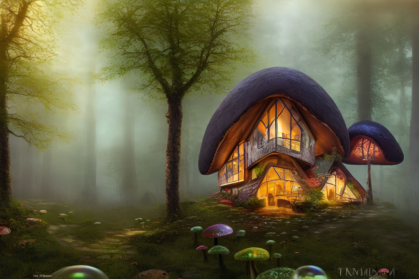 Enchanting mushroom-shaped house in foggy forest with colorful mushrooms