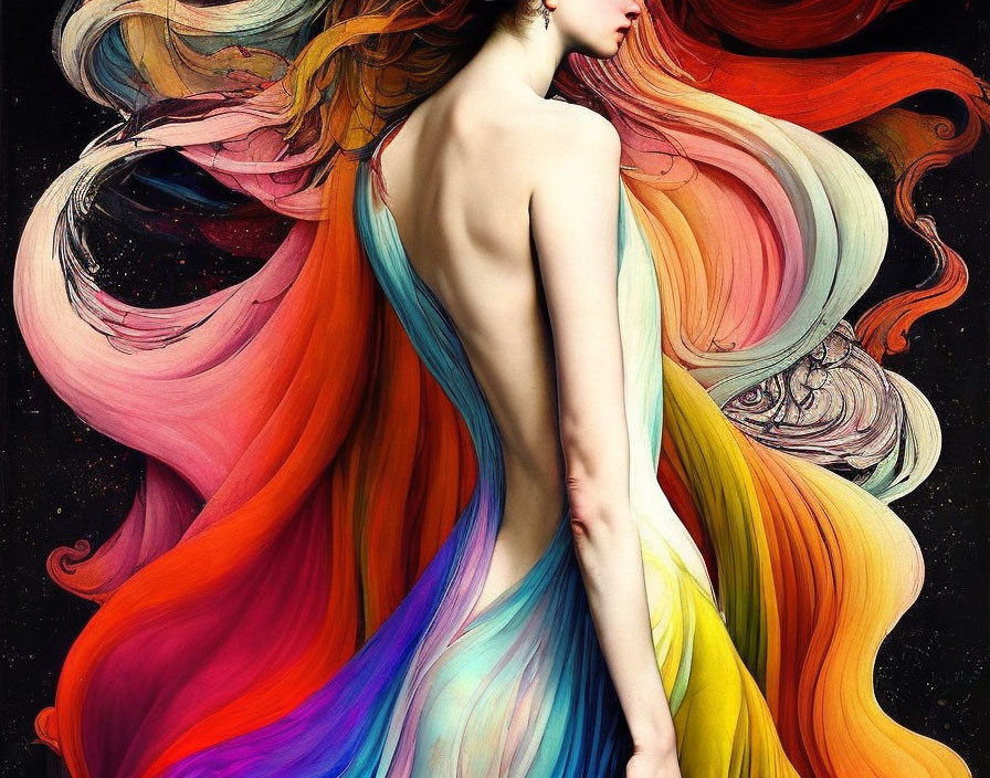 Vibrant artwork of woman with rainbow hair on dark backdrop