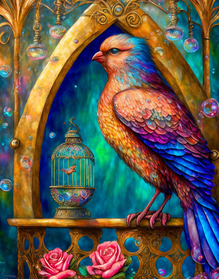 Colorful Bird Perched Near Birdcage on Whimsical Background