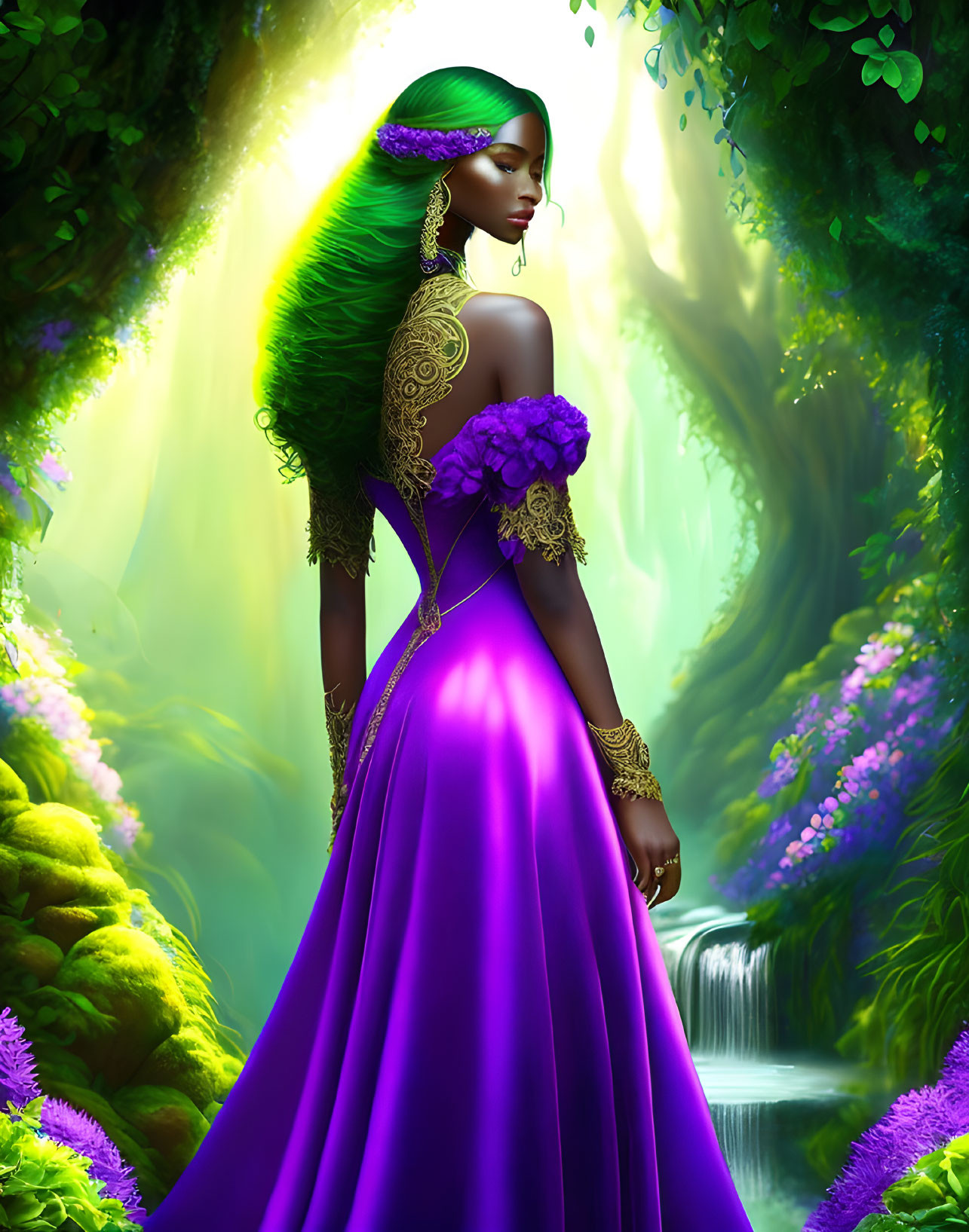 Woman in Vibrant Purple Dress in Enchanting Forest with Green Lighting