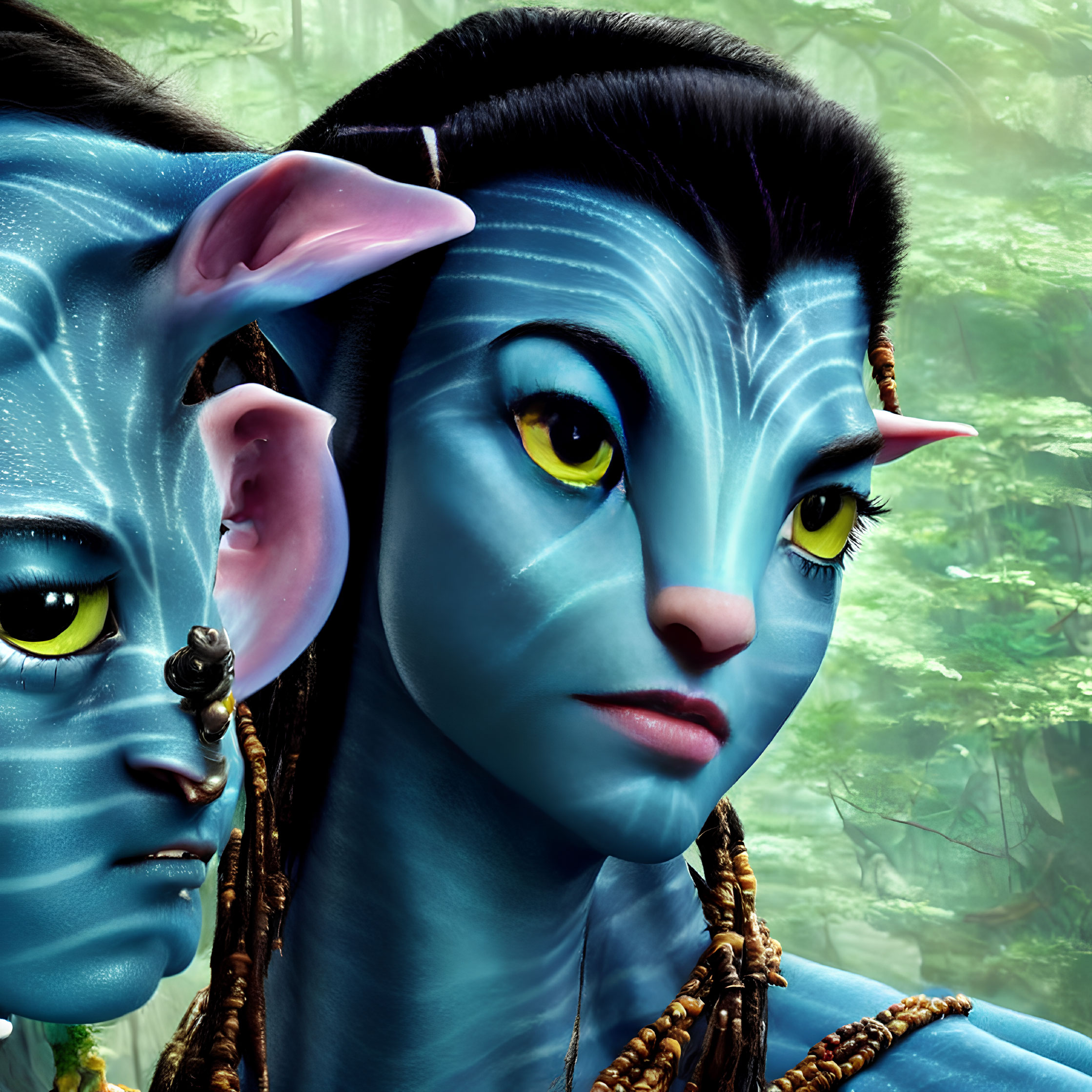 Blue-skinned cat-like humanoids with tribal accessories in lush forest