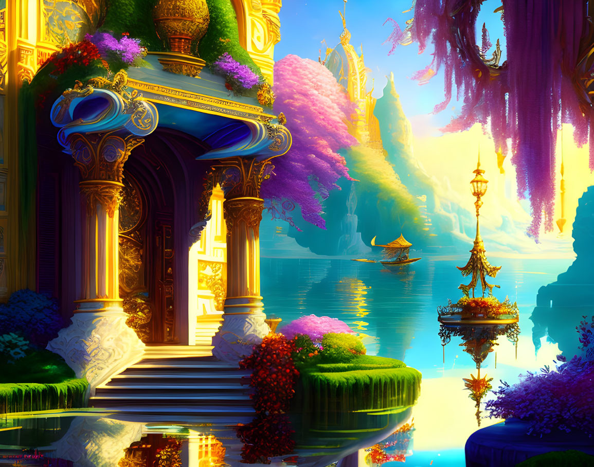 Fantasy landscape with golden doorway, colorful foliage, floating islands, sailboat