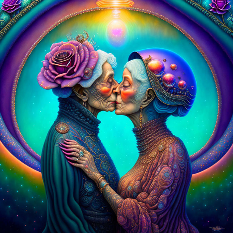 Elderly beings with blue skin kissing in cosmic aura with rose crown