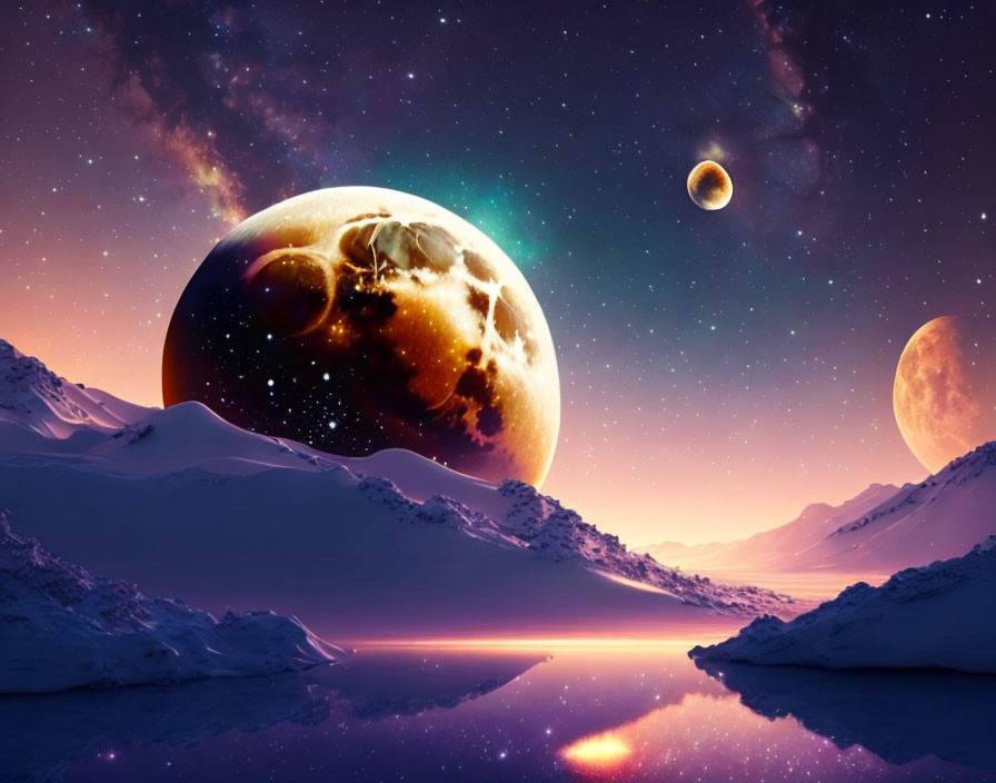 Snow-covered sci-fi landscape under pink and blue twilight sky with three celestial bodies.