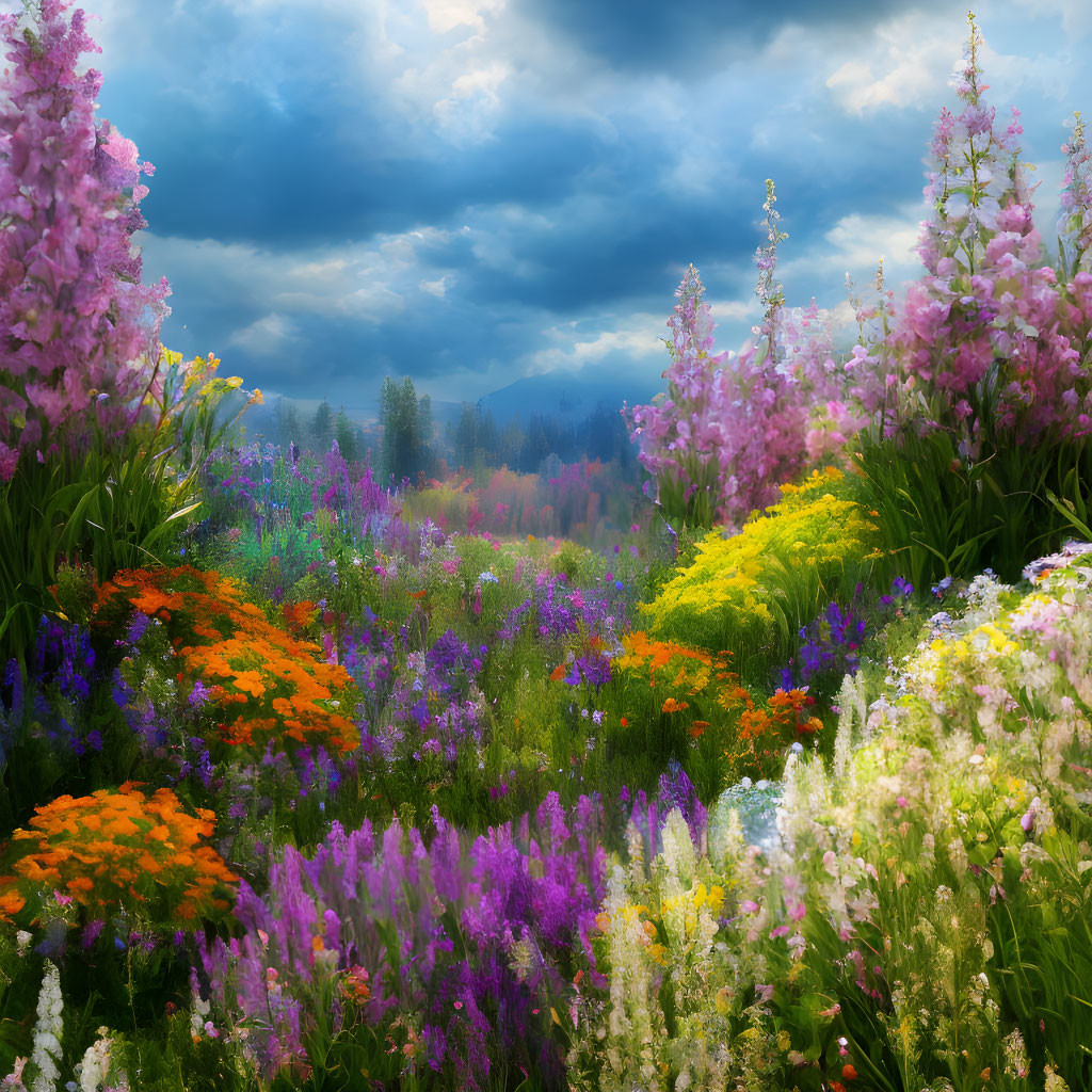 Colorful Flower Garden with Misty Mountain Background