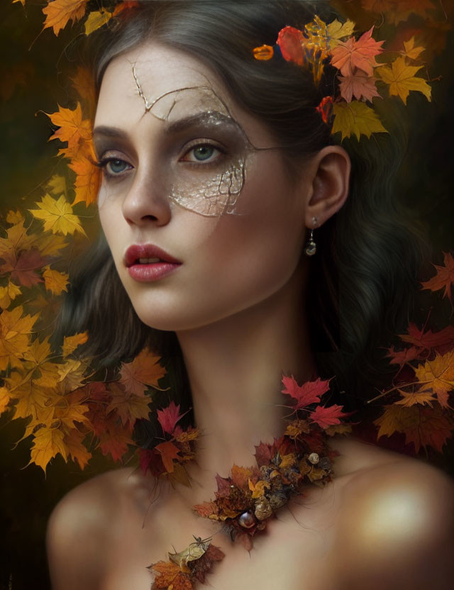 Woman with Autumn Leaves and Berries in Hair and Leaf-Pattern Makeup