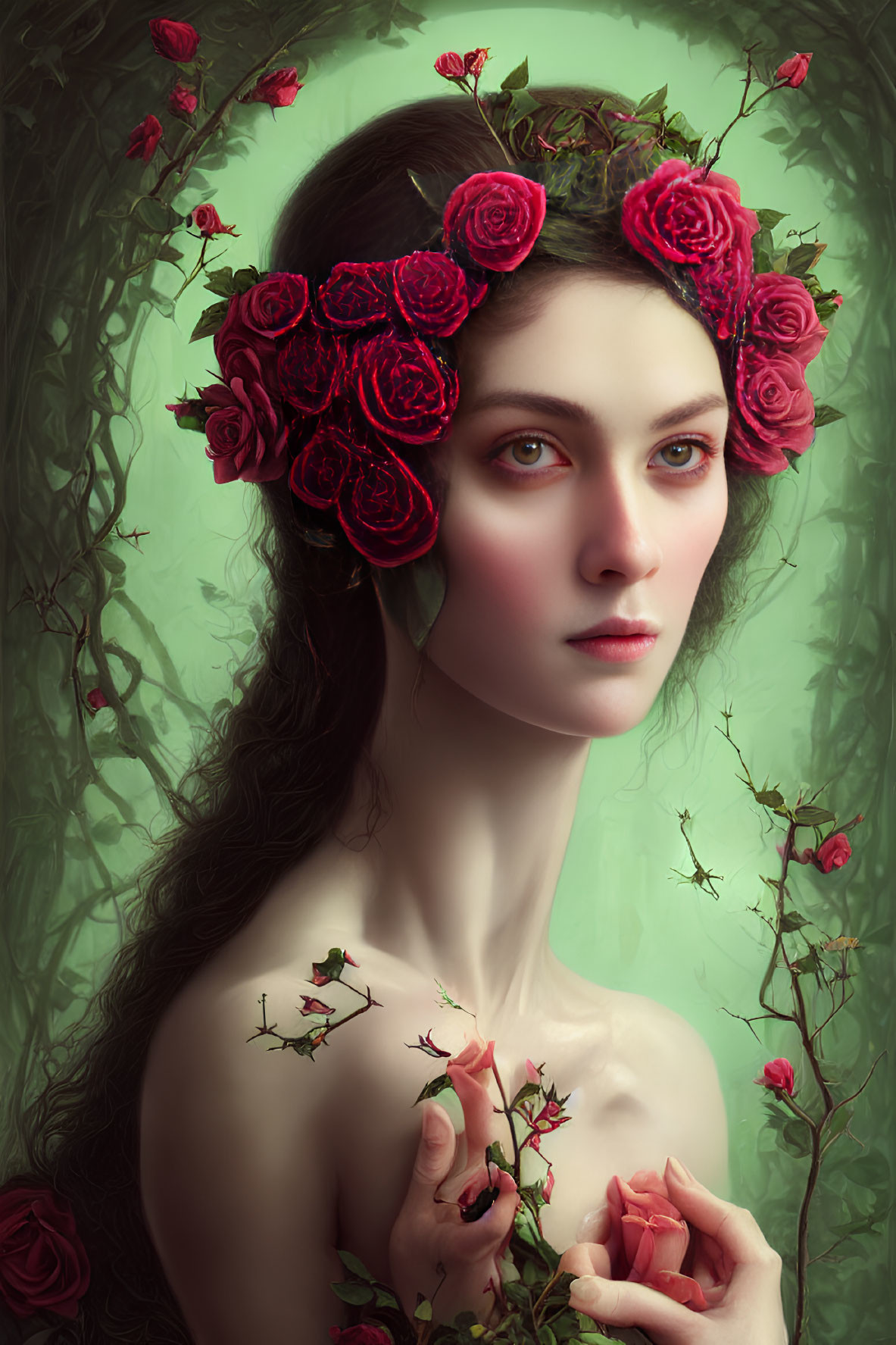 Young woman with red rose crown surrounded by thorny stems on green background