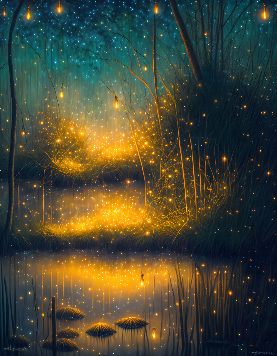 Tranquil night landscape with glowing fireflies above river