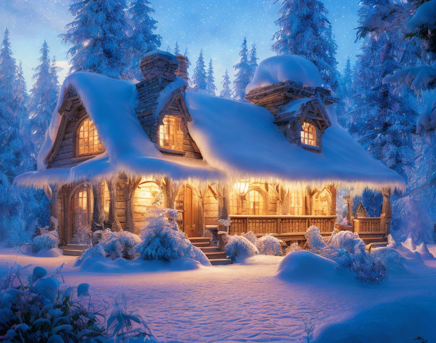 Snow-covered log cabin in serene winter forest at twilight