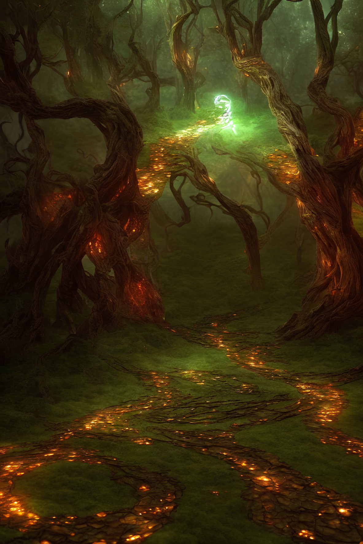 Enchanting forest with twisted trees and glowing path to green light