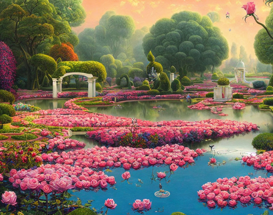 Fantastical garden with pink roses, lush trees, white bridge, and stone structures in dreamy