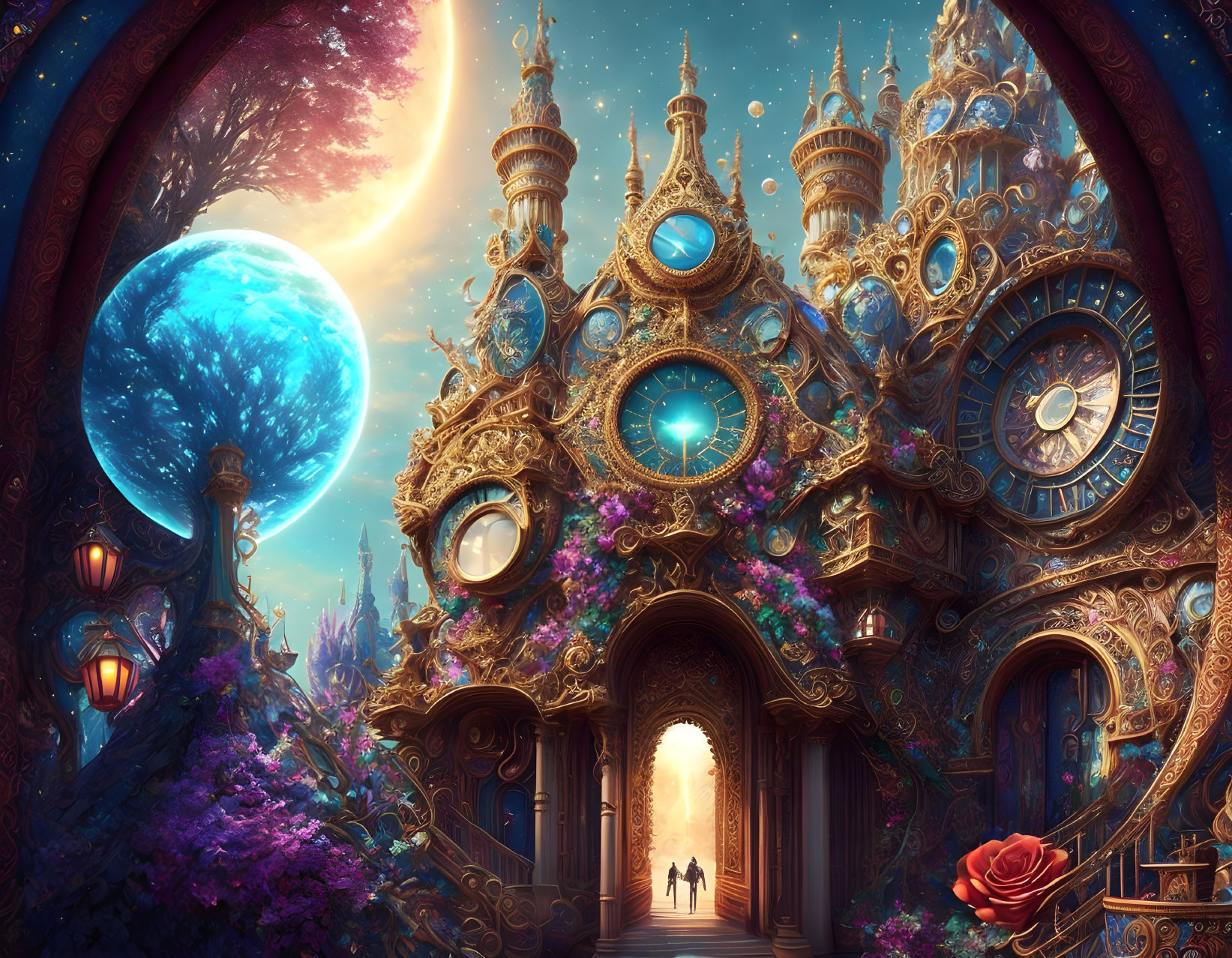 Fantastical castle with ornate towers, two moons in the sky, vibrant flora, and a