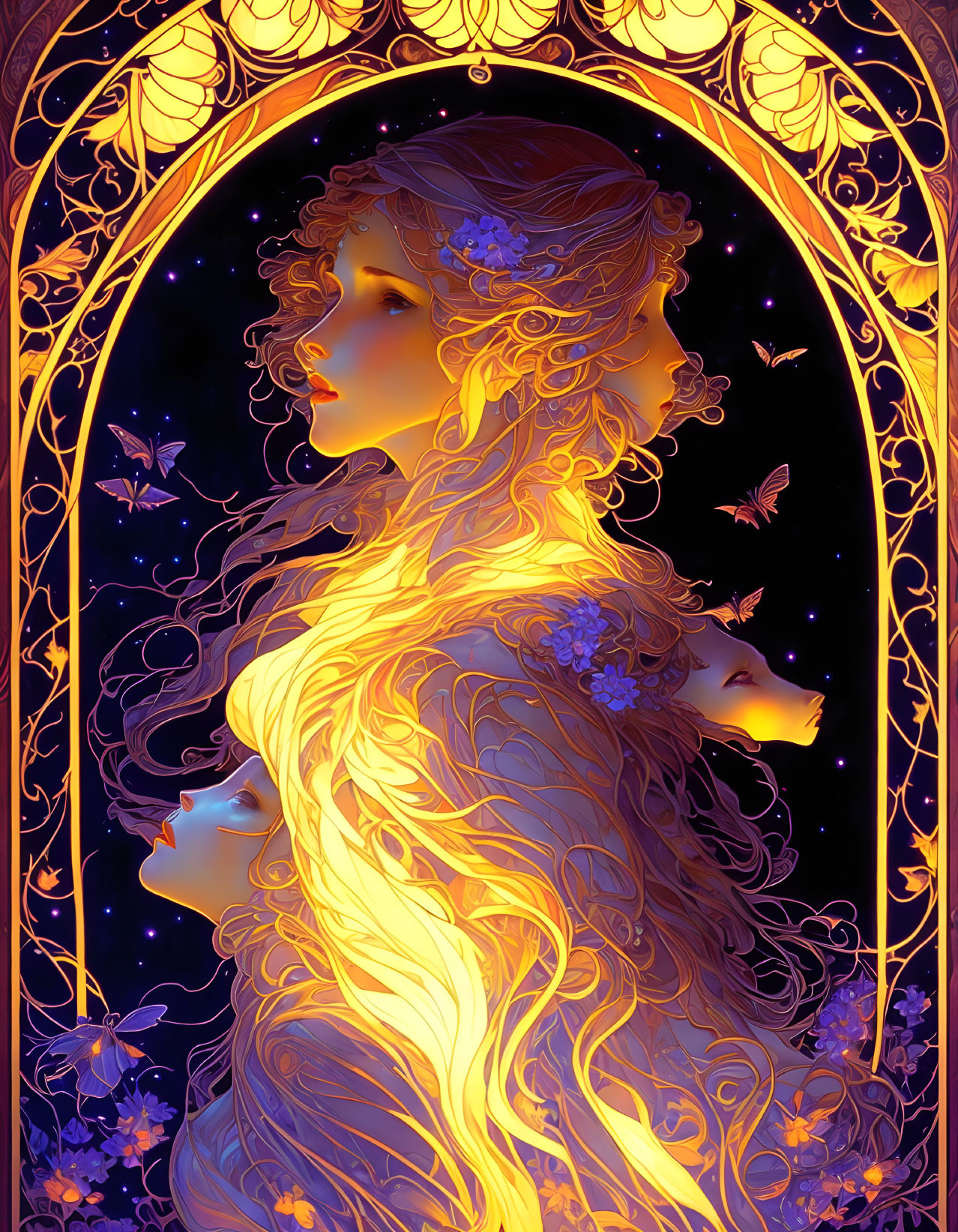 Art Nouveau Woman with Golden Hair and Celestial Motifs in Vibrant Colors