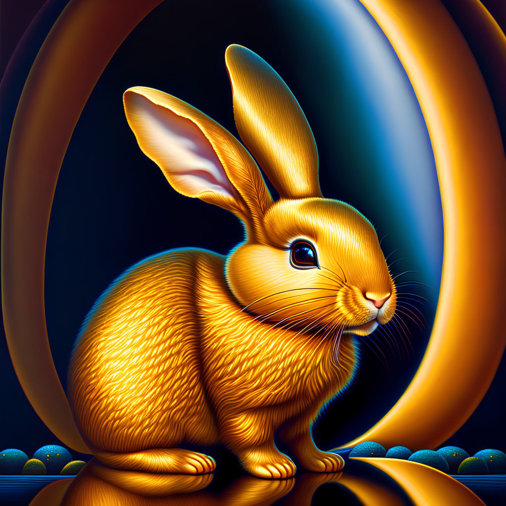 Colorful digital artwork featuring glossy fur orange rabbit with large expressive eyes and long ears on dark background.