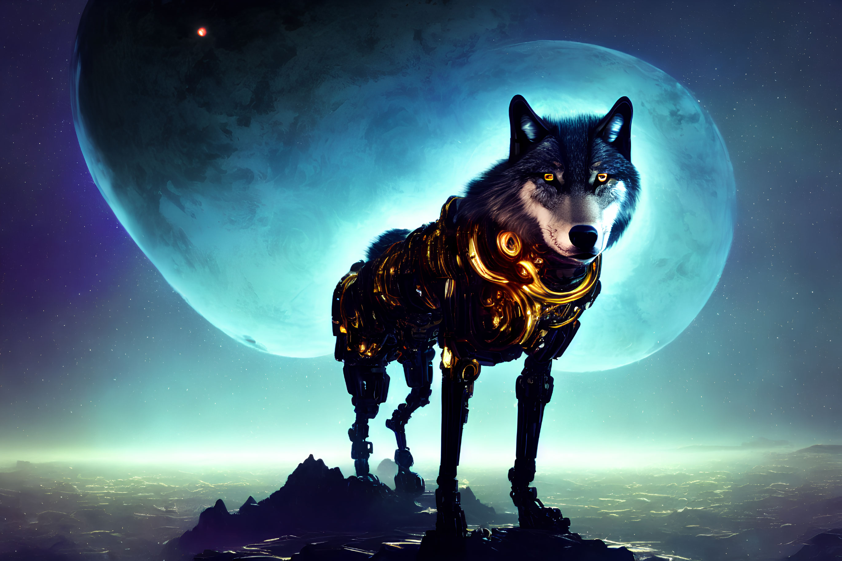 Surreal illustration of mechanical wolf with natural wolf head on alien landscape