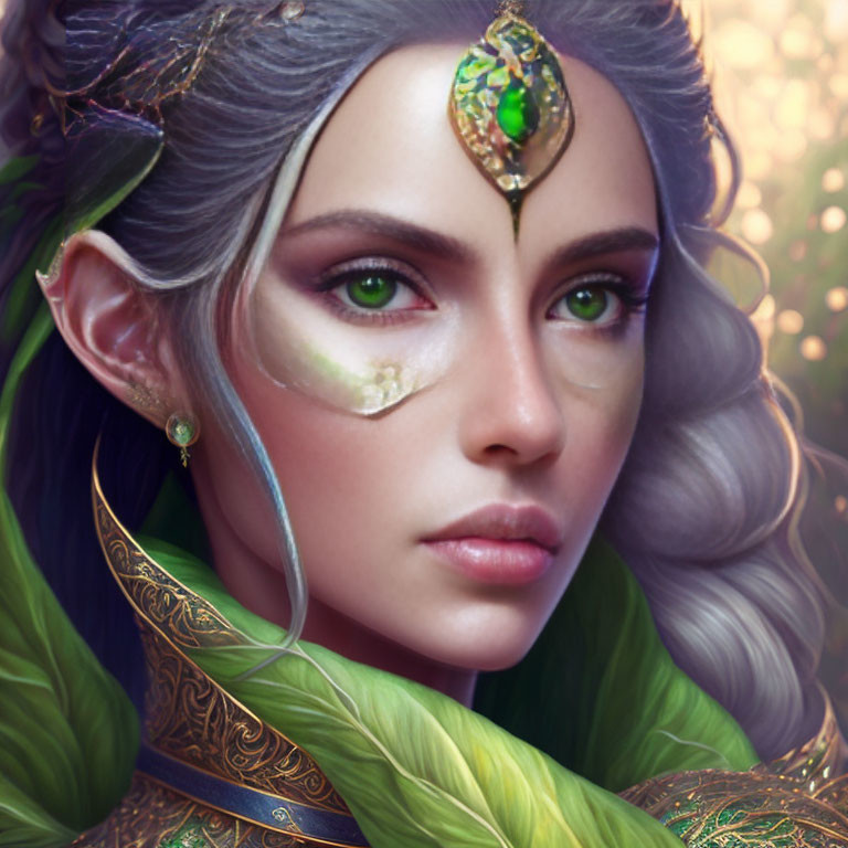 Fantasy female character with pointed ears and gem forehead-piece.