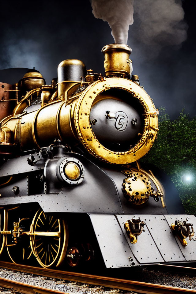 Vintage golden and black steam locomotive with billowing smoke under dramatic sky