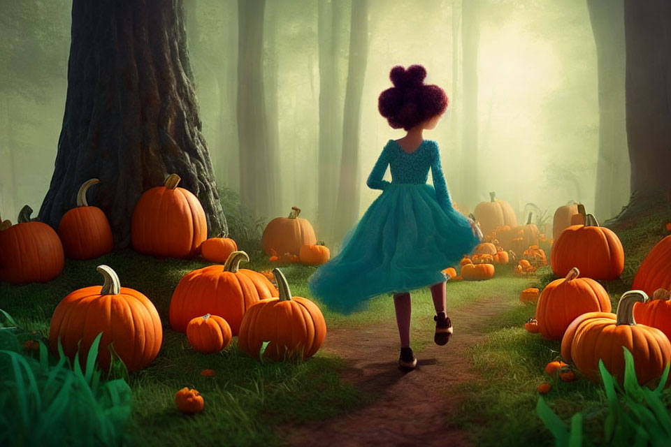 Illustration of girl in blue dress among pumpkins in foggy forest