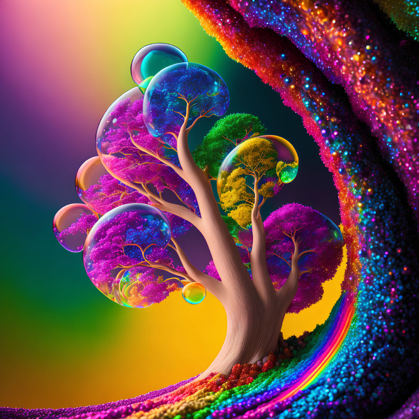 Colorful Digital Art: Psychedelic Tree with Bubble-Like Foliage on Rainbow Background