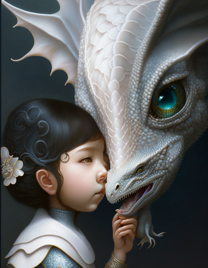 Young Child with Dark Hair Interacts with Detailed Dragon in Ornate Attire