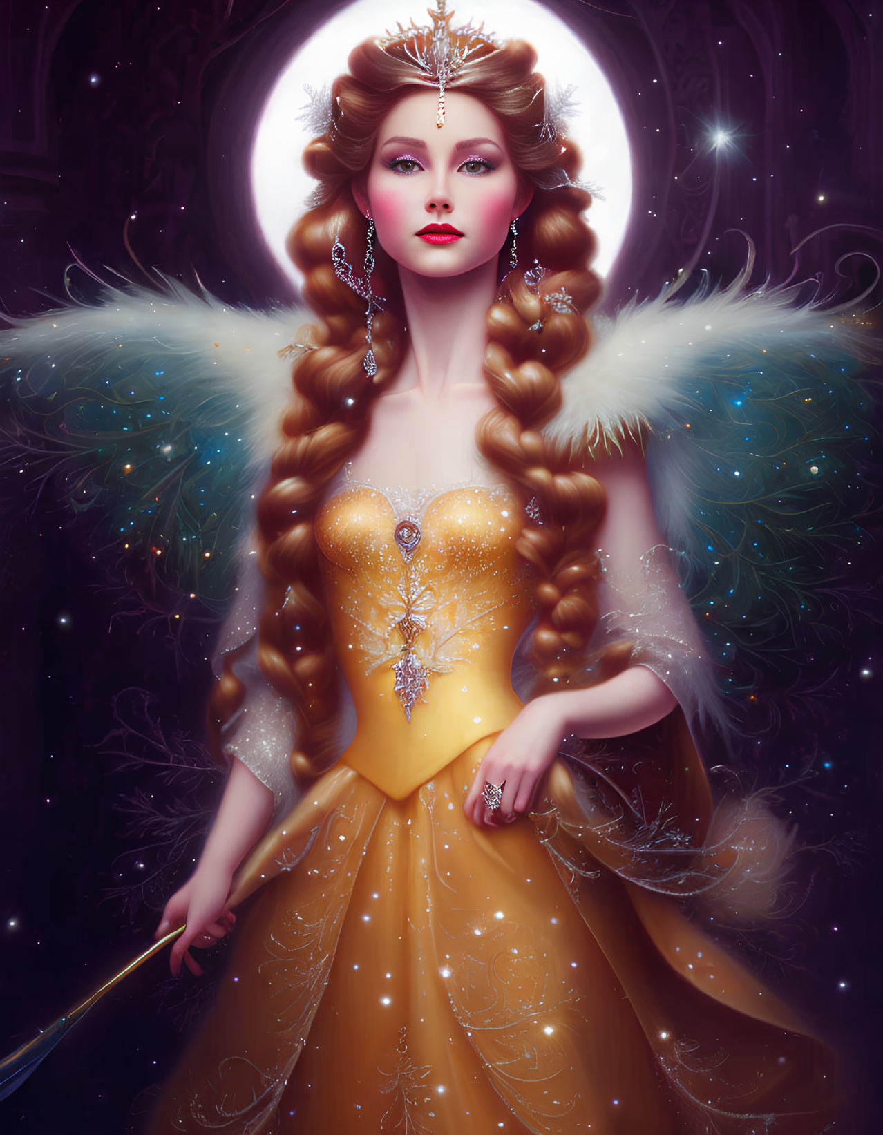 Majestic female figure with wings and crown before glowing orb