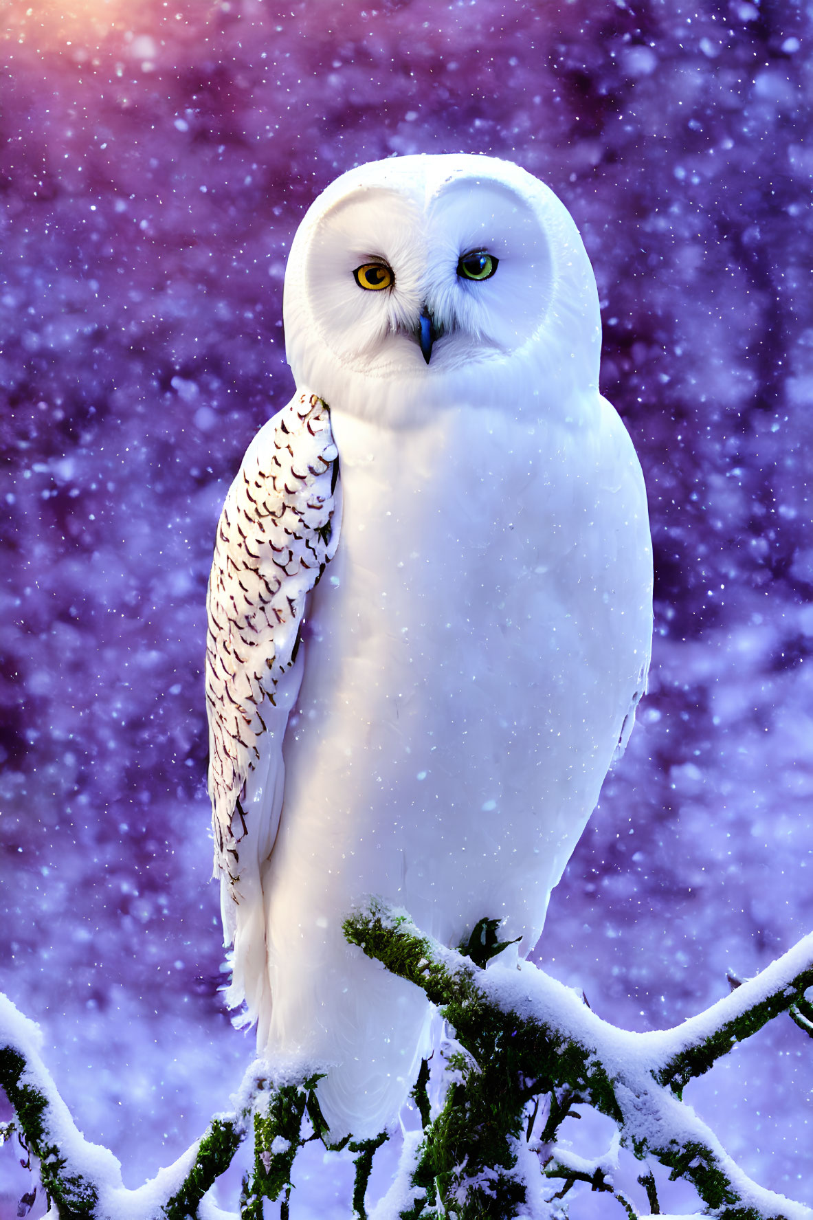 Snowy owl perched on snow-covered branch under purple twilight sky