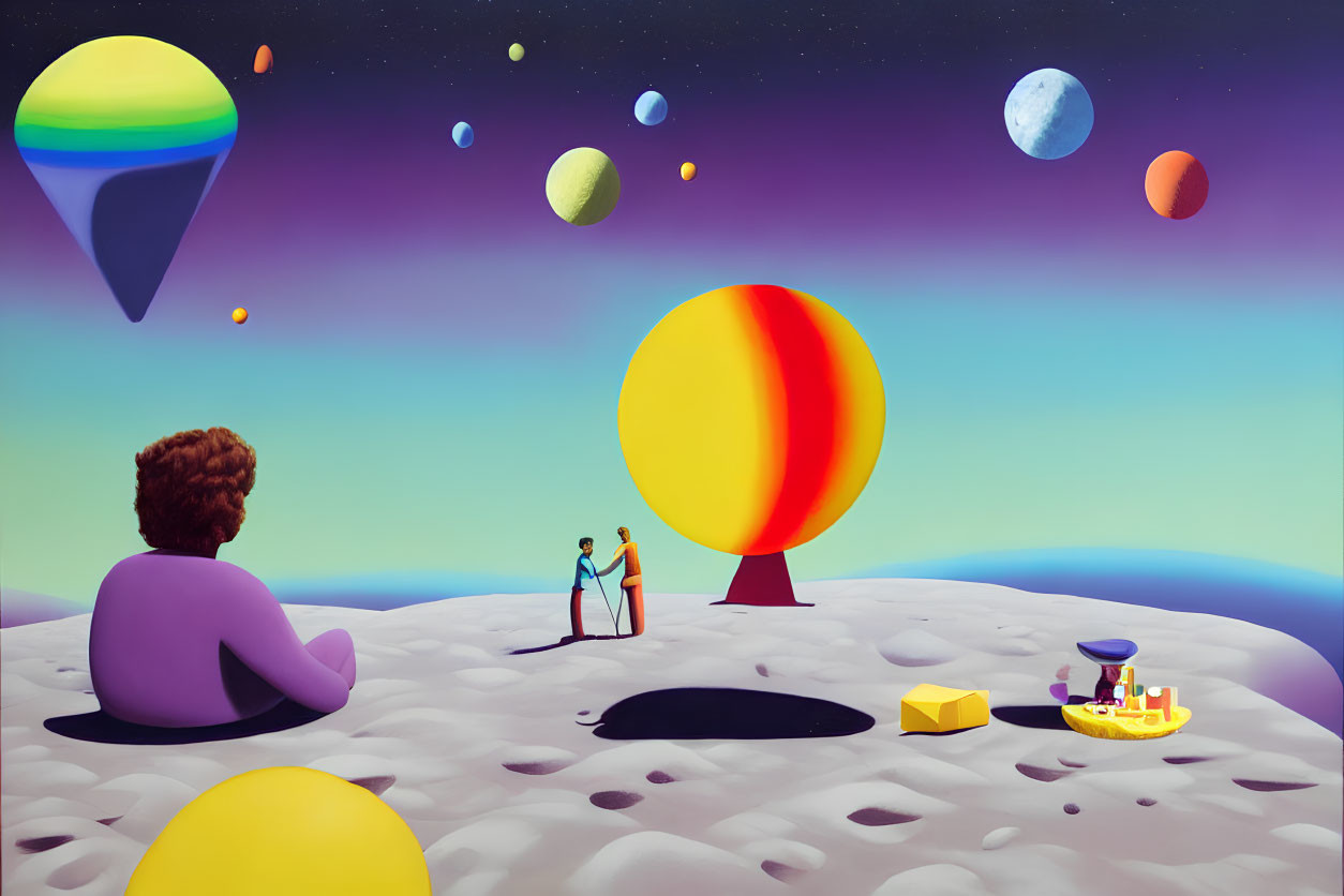 Illustrated scene: Two figures near colorful sphere on alien landscape with picnic setup, another person nearby amidst