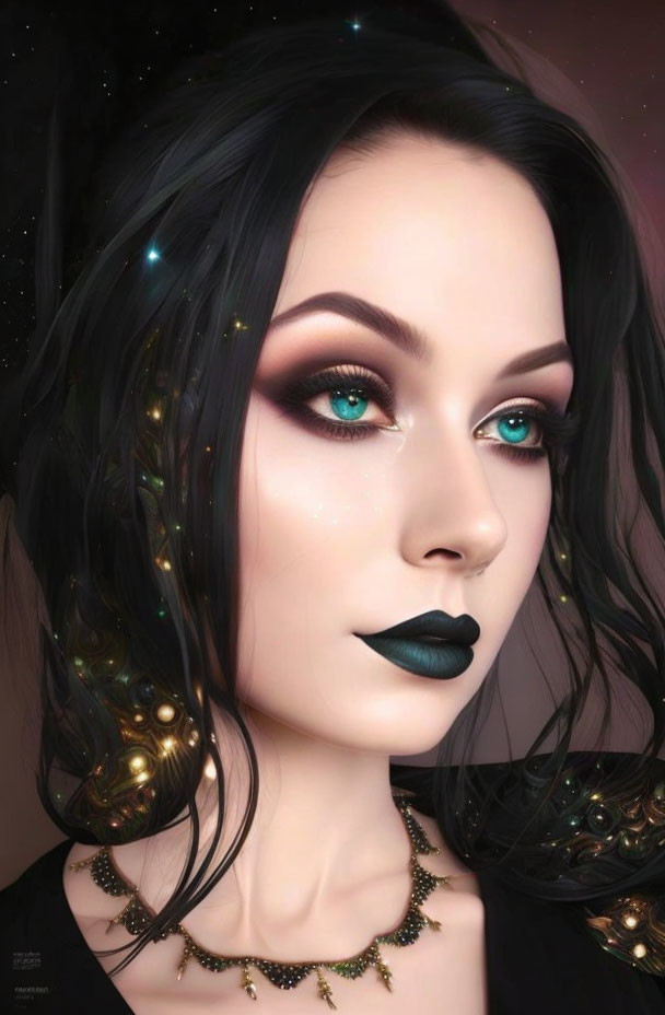 Portrait of Woman with Emerald Eyes and Glittery Makeup