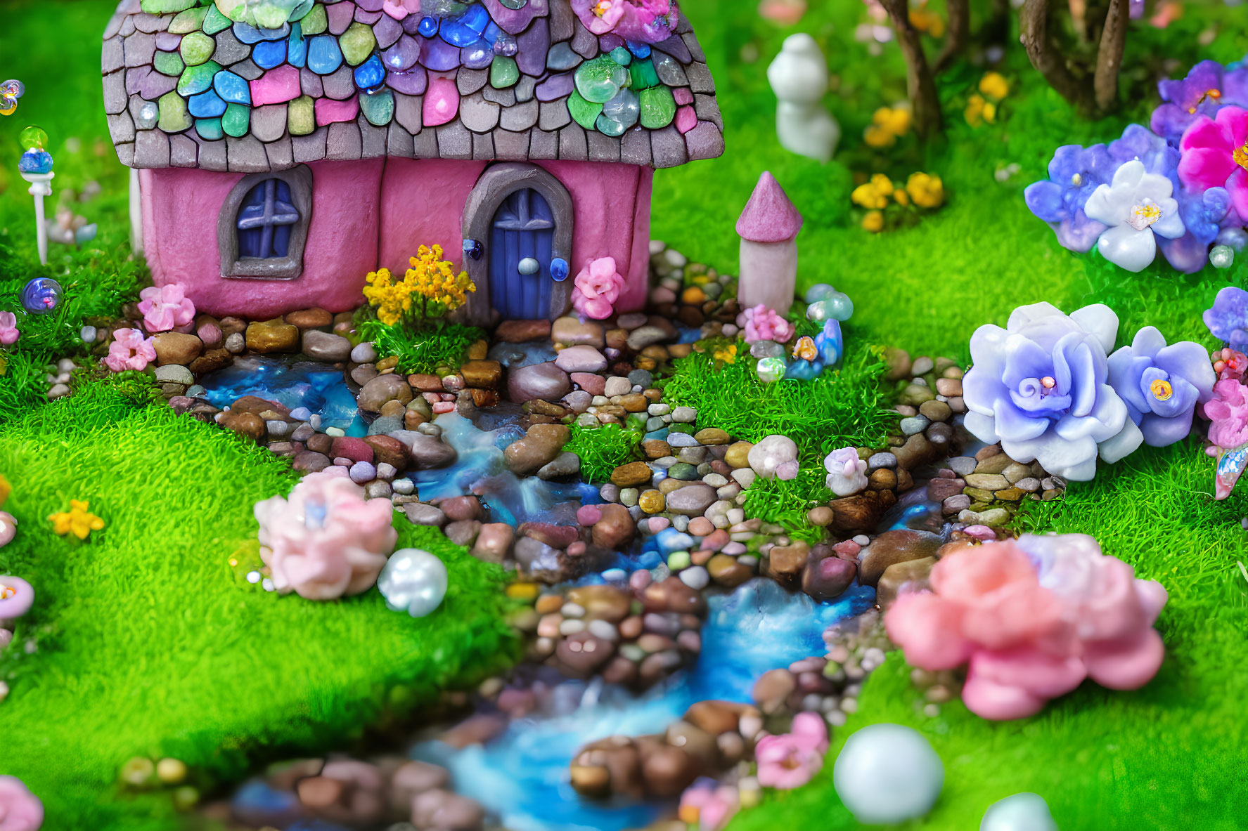 Colorful Stone Cottage in Vibrant Fairy Garden