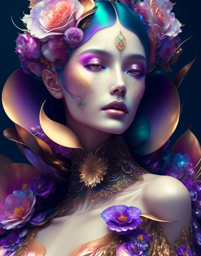 Elaborate floral and ornate digital artwork in vibrant purples and golds