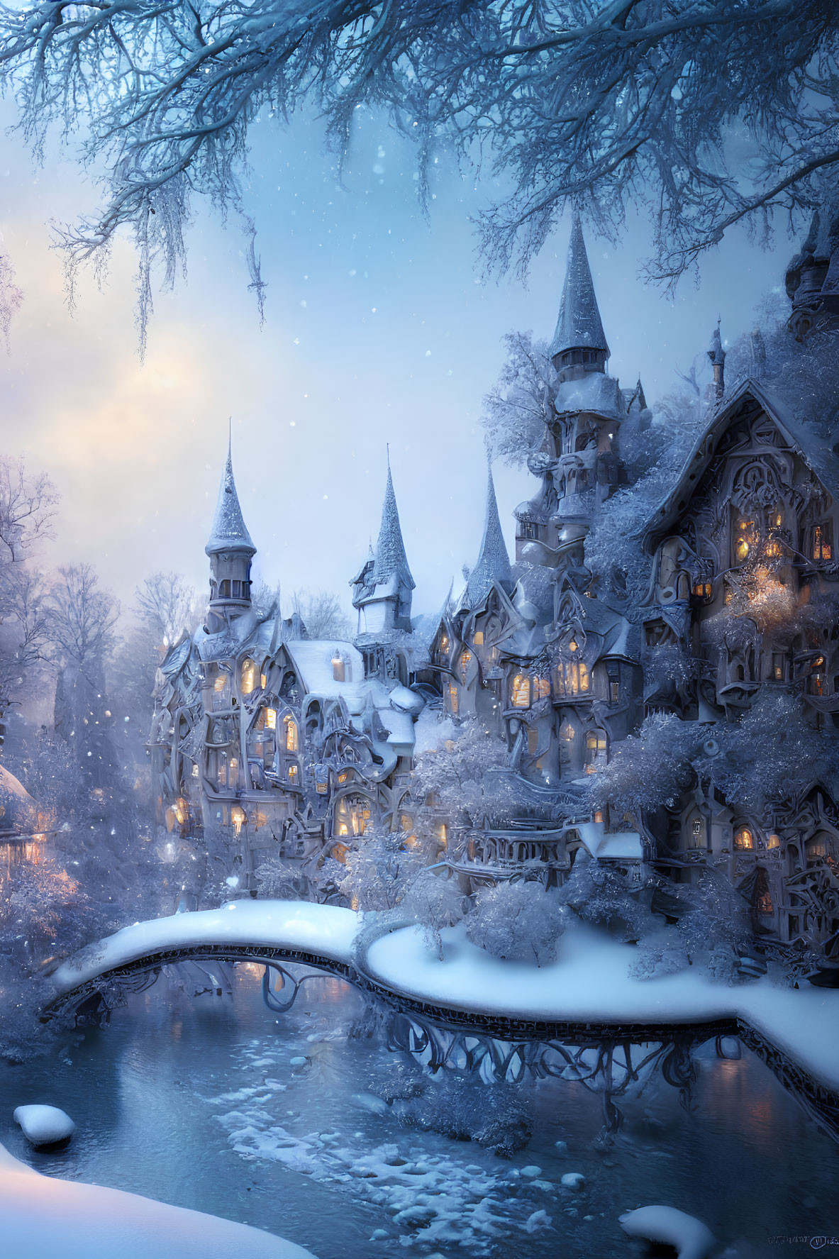 Enchanting snow-covered village with stone bridge at twilight