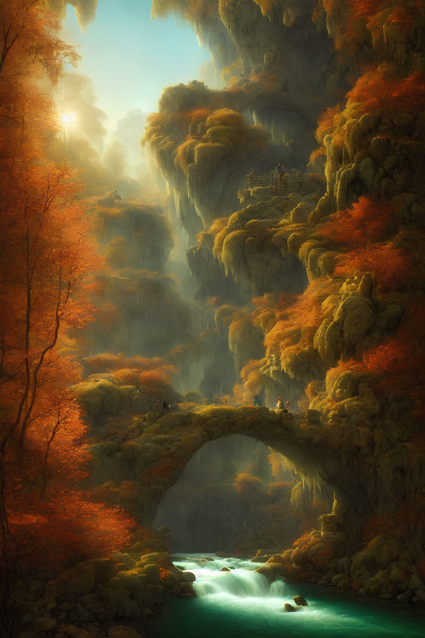 Stone bridge over waterfall in lush autumn landscape