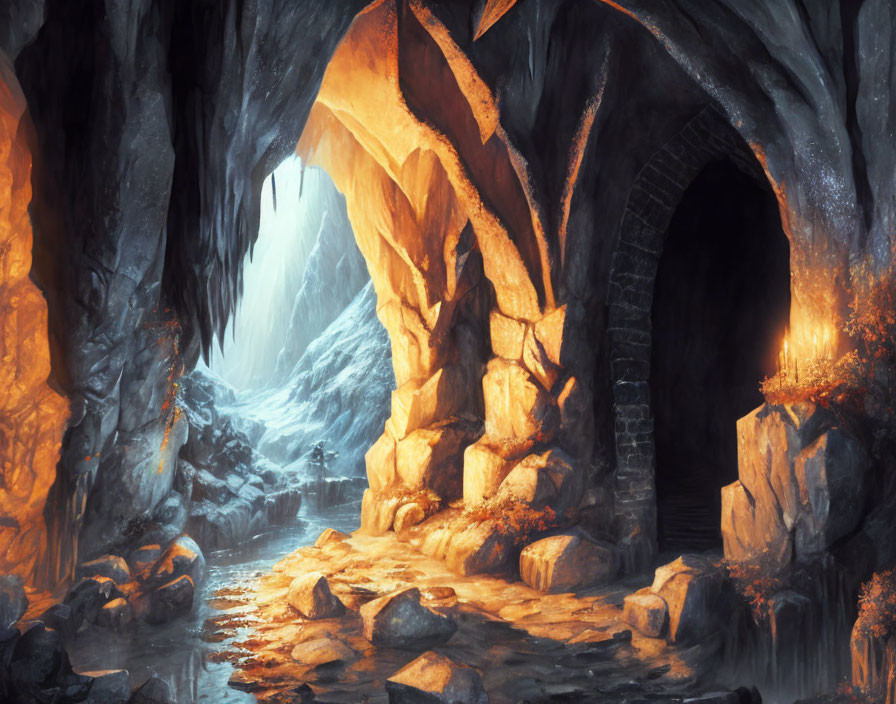 Mystical cave with glowing entrance, rocky archway, and mountain view