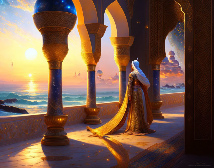 Regal figure on ornate balcony at sunset over serene ocean