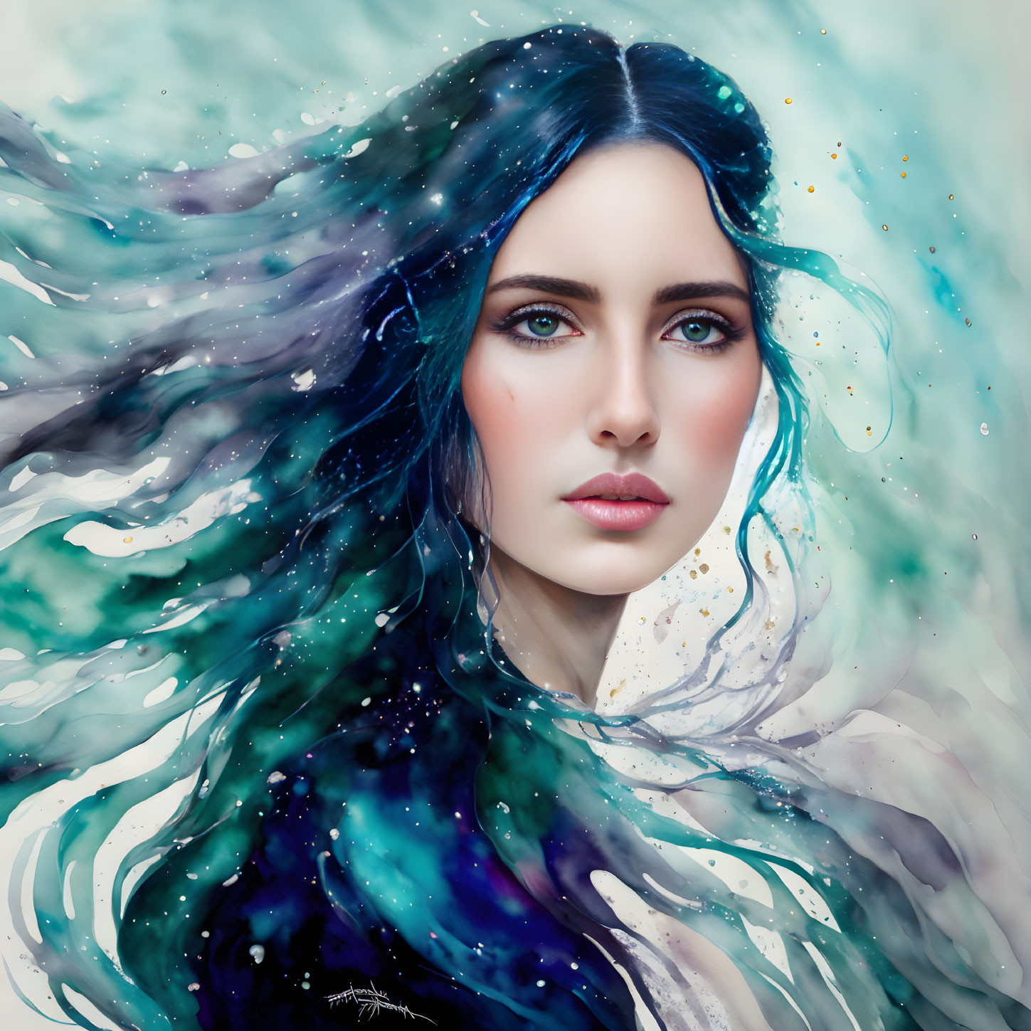Digital Artwork: Woman with Blue Eyes Merging with Cosmic Background