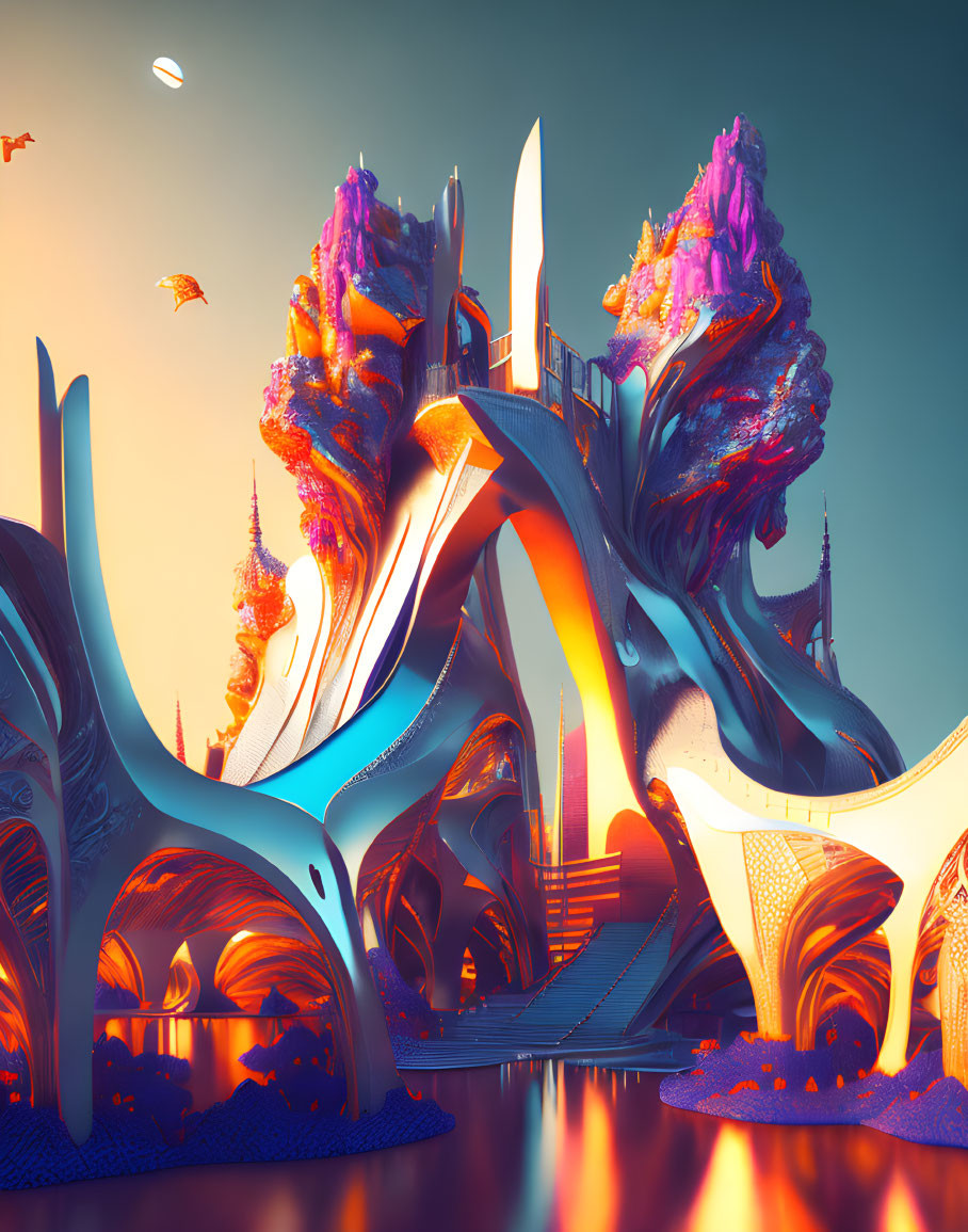 Futuristic cityscape with organic architecture and flying vehicles