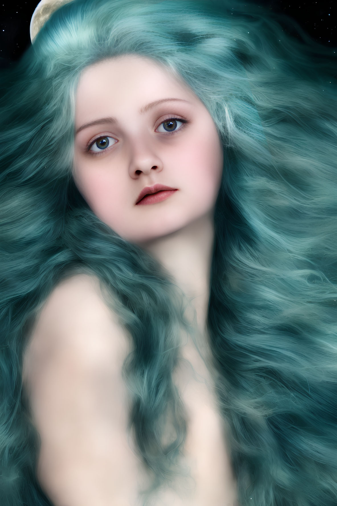 Young woman with teal hair in starry backdrop portrait.