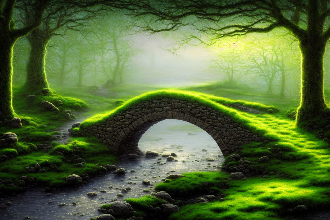 Ethereal forest scene with moss-covered trees and ancient stone bridge in mystical light