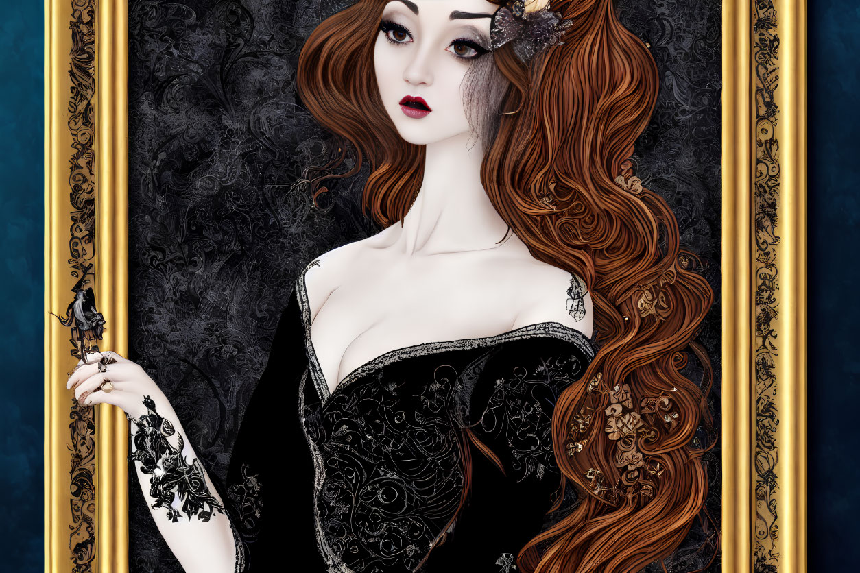 Illustration of woman with red hair in Gothic dress holding key on ornate background