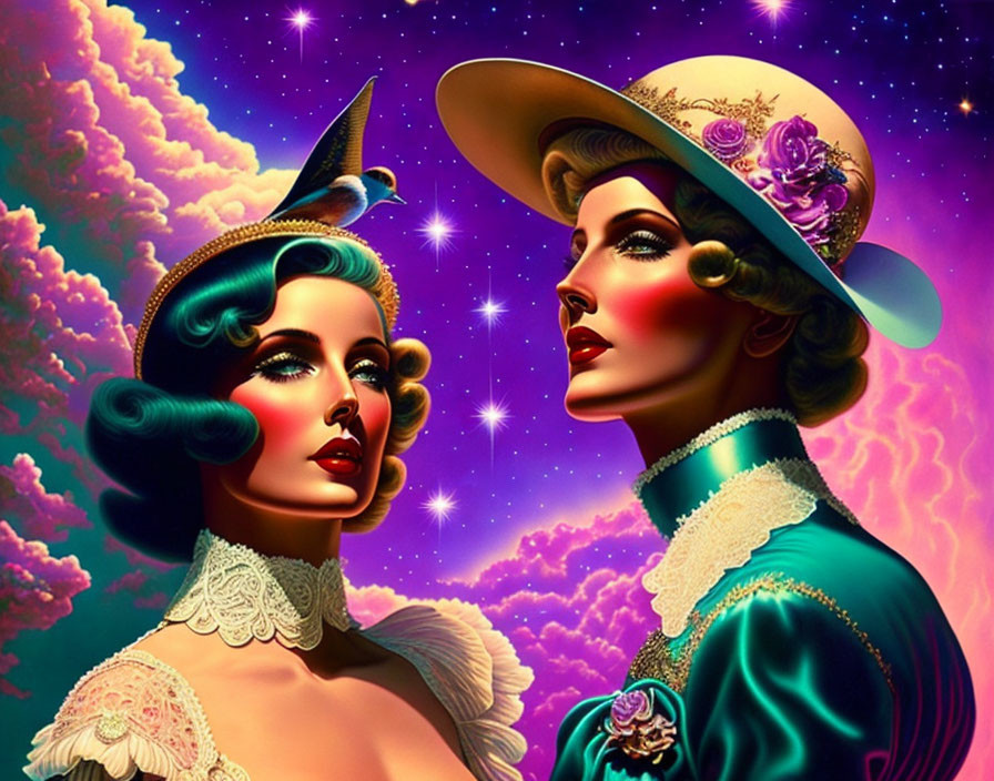 Vintage Hairstyles and Elegant Hats on Women in Cosmic Setting