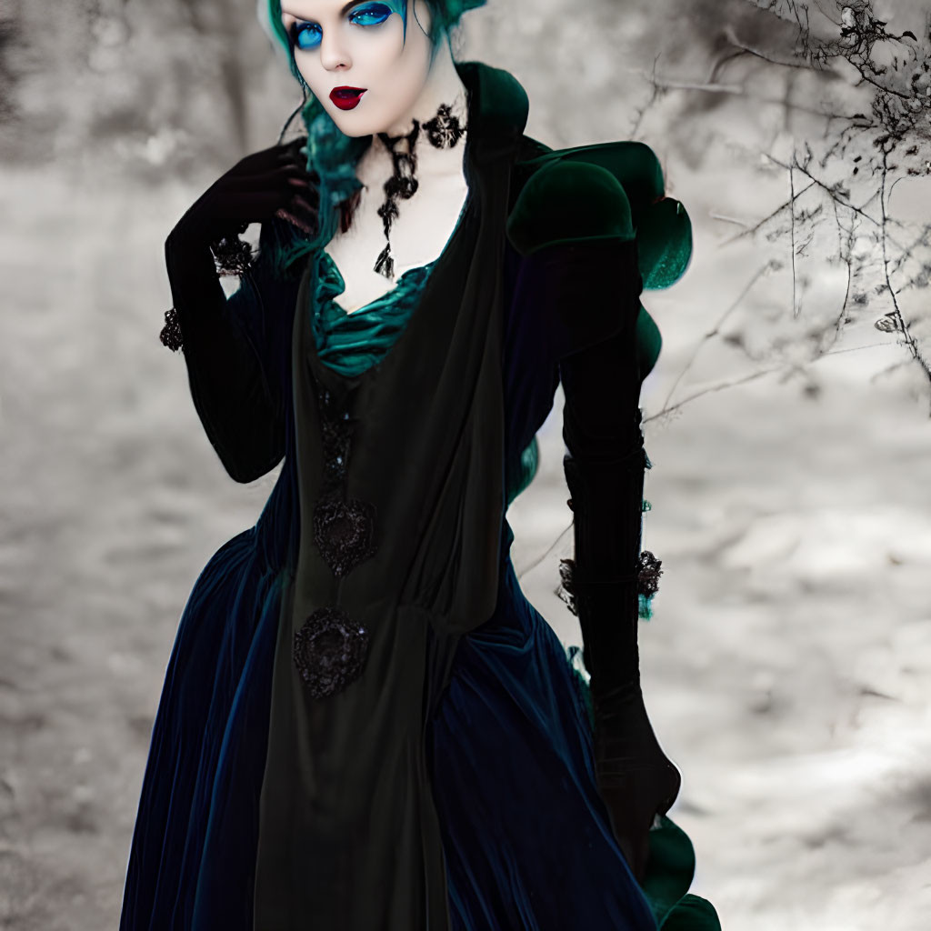 Elaborate Gothic attire with Victorian-style dress in wintry setting