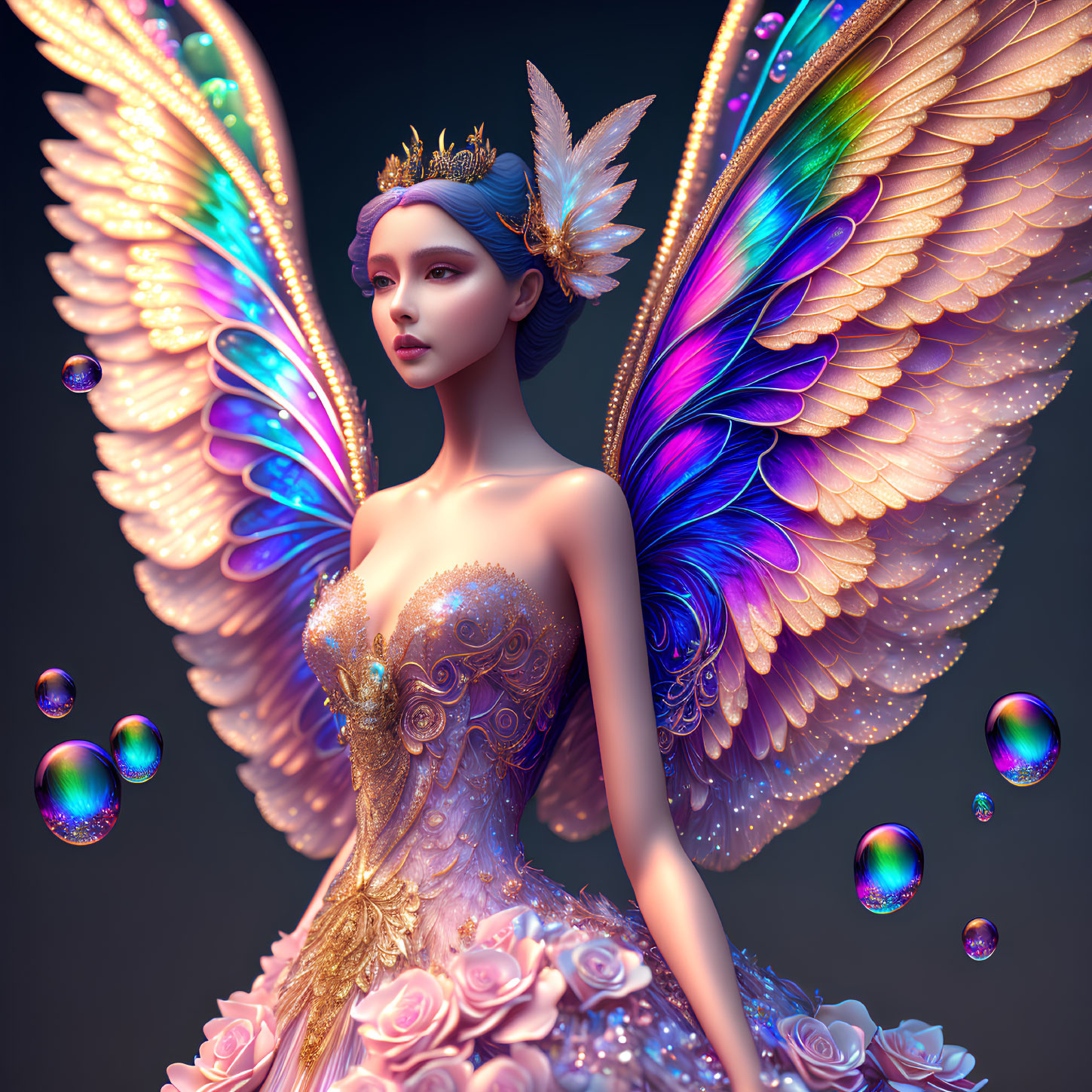 Digital Artwork: Woman with Butterfly Wings and Ornate Dress