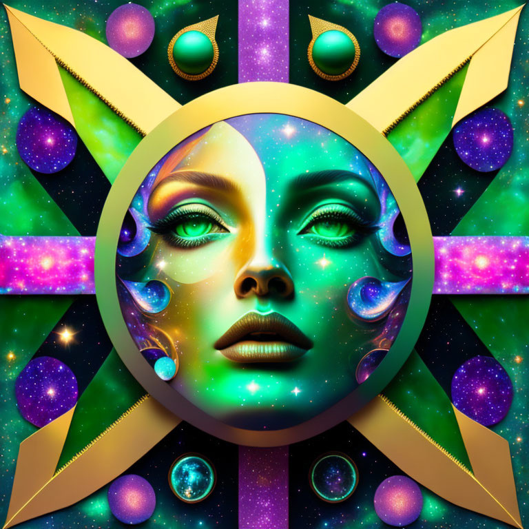 Symmetrical cosmic-themed female face surrounded by celestial bodies and geometric shapes