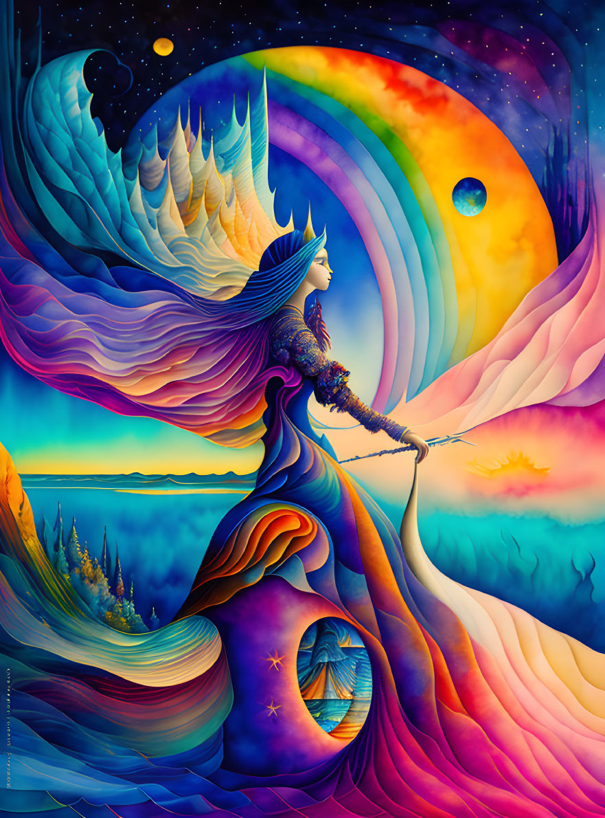 Colorful fantasy artwork: Winged figure with staff in surreal landscape