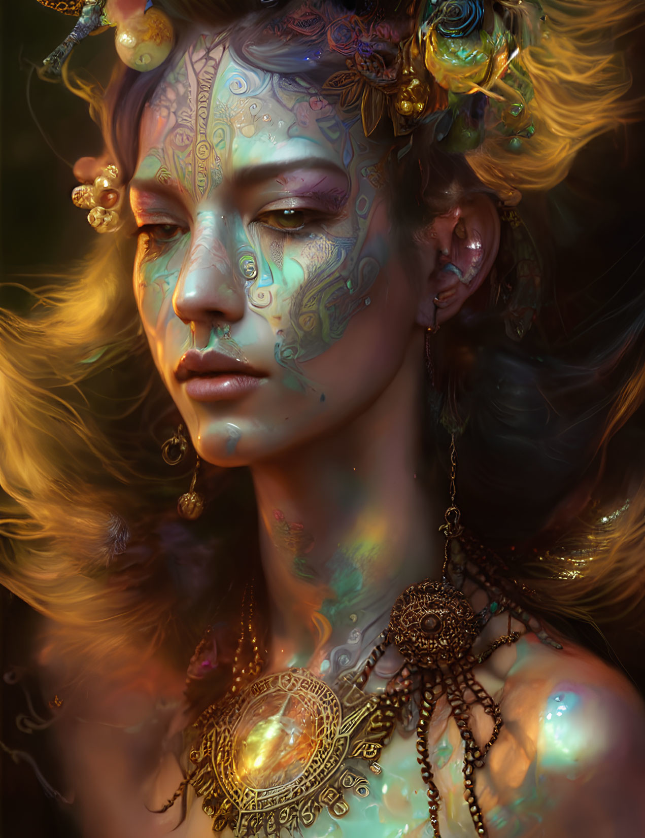 Elaborate face paint and jewelry with gold accents and iridescent patterns