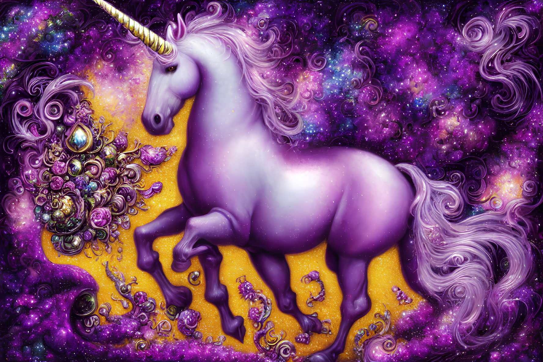 Colorful digital artwork: Purple unicorn with golden horn in cosmic setting