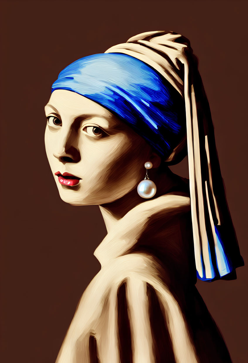 Digital portrait of woman with blue headscarf, pearl earring, and red lips on brown background