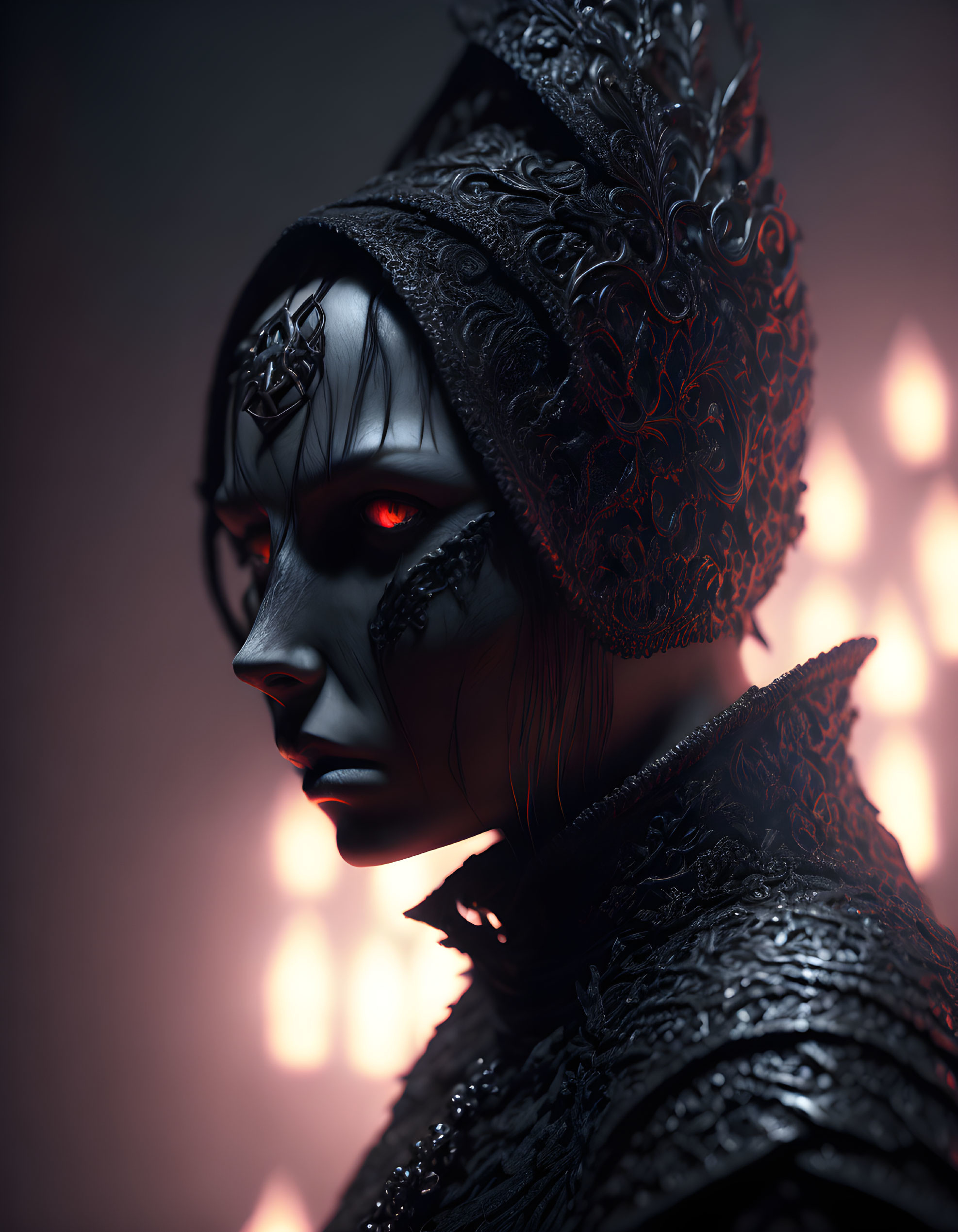 Intricate black headpiece and armor with glowing red eyes in fiery background