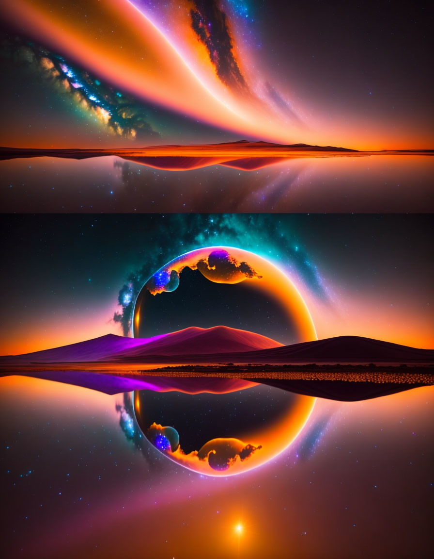 Surreal cosmic landscapes with swirling galaxies and vivid colors